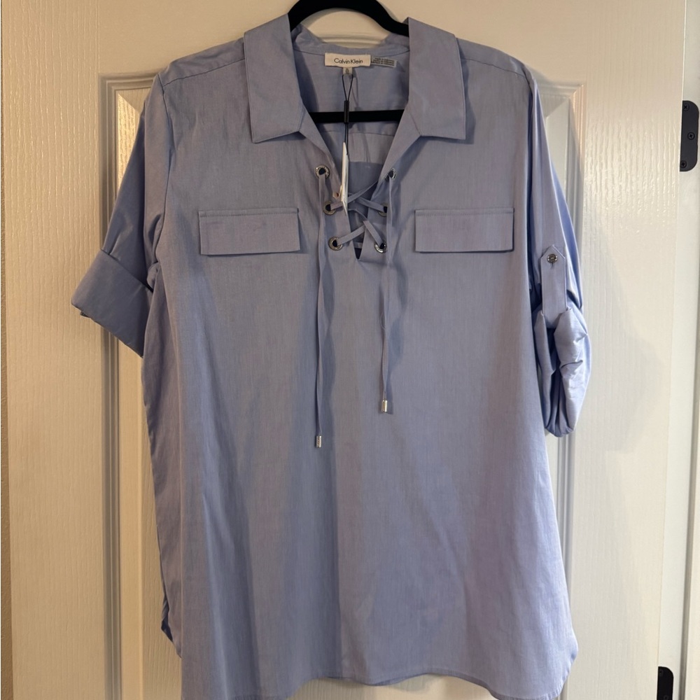 Calvin Klein Pale Blue Lace-Up Utility Blouse